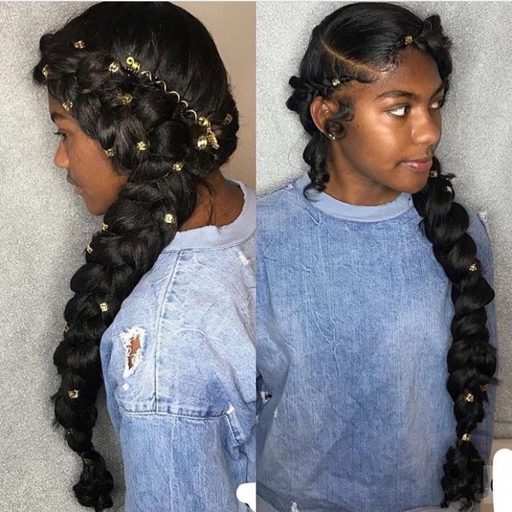 Both Side Braided Hairdo Accessorized with Golden Beads