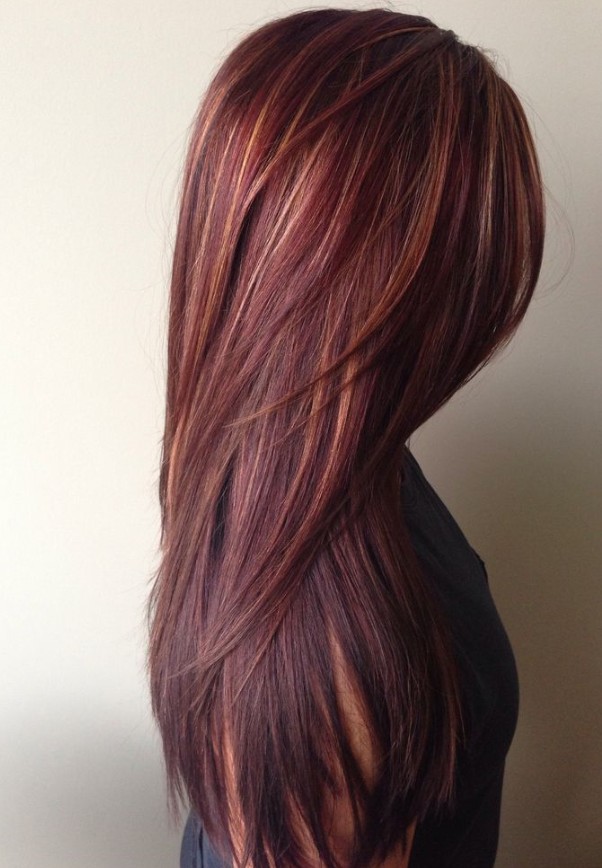 Dark Red Hair with Caramel Highlights