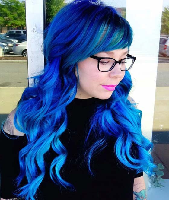 Electric Blue Curls And Side Swept Fringe