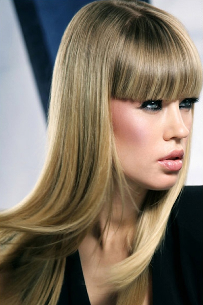 Straight Silky Black and Blonde Hair with Long Bangs