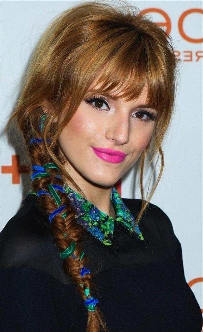 Bangs with Braided Pony Tied Up With Green Blue Ribbons