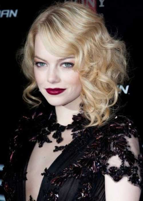 Emma Stone’s Blonde Bob Cuts for Curly Hair with Side Bangs