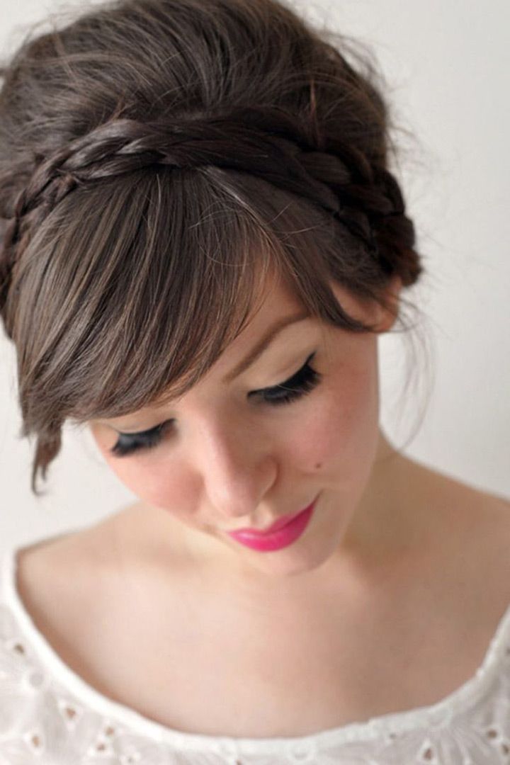 Ash Brown Side Curved Bangs with Bun and Braided Headband