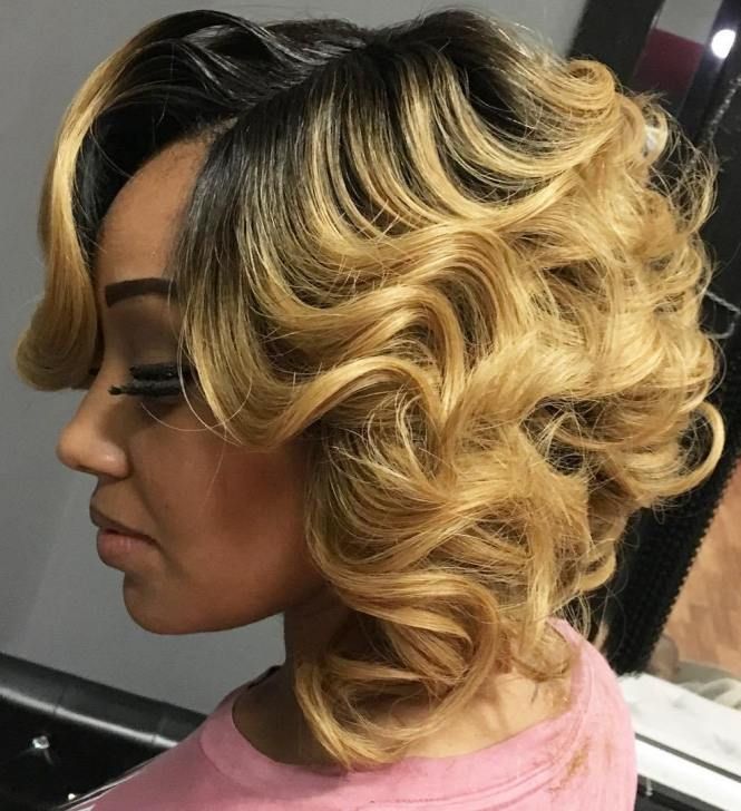 Long Curly Bob with Blonde Highlights