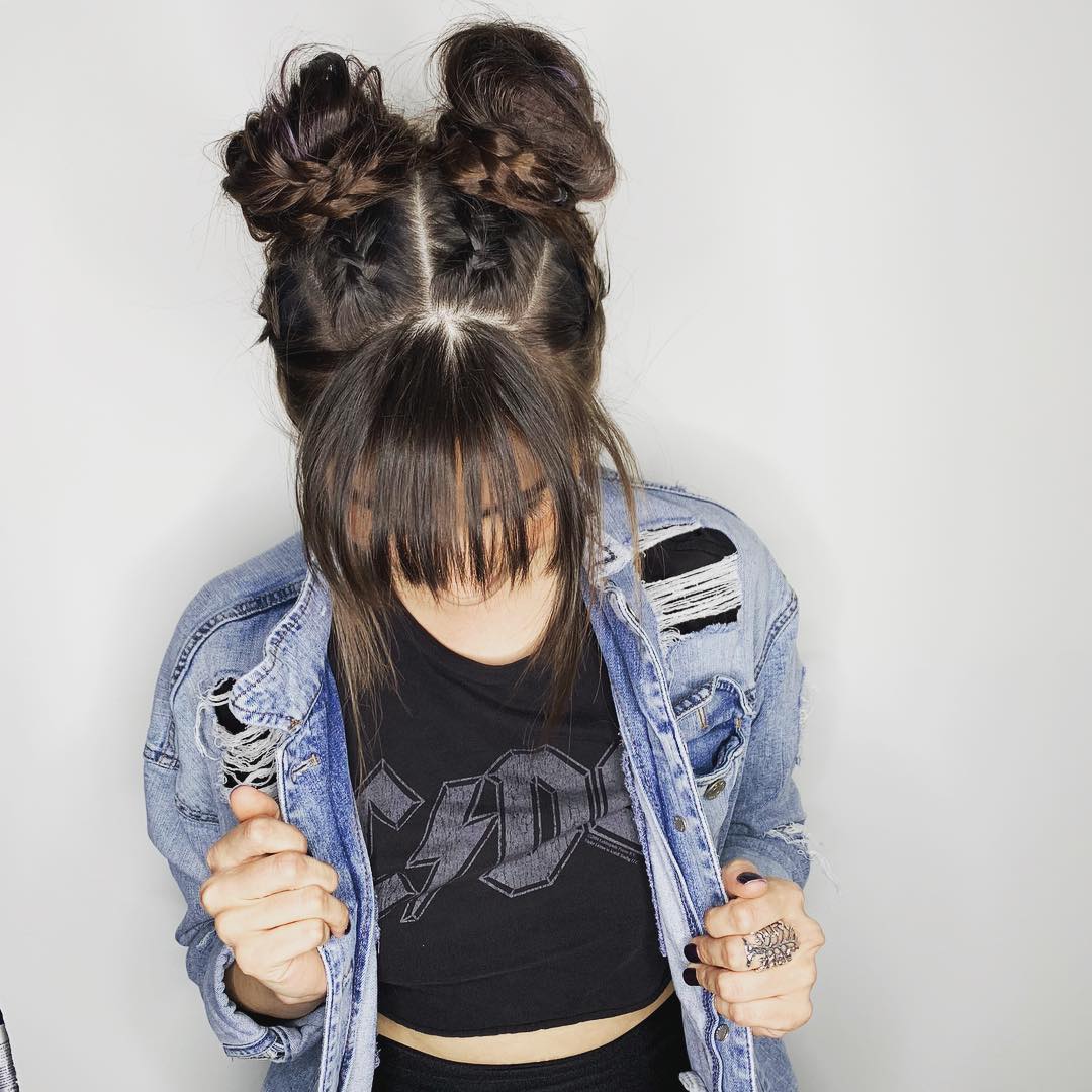 Brown Space Buns With Bangs