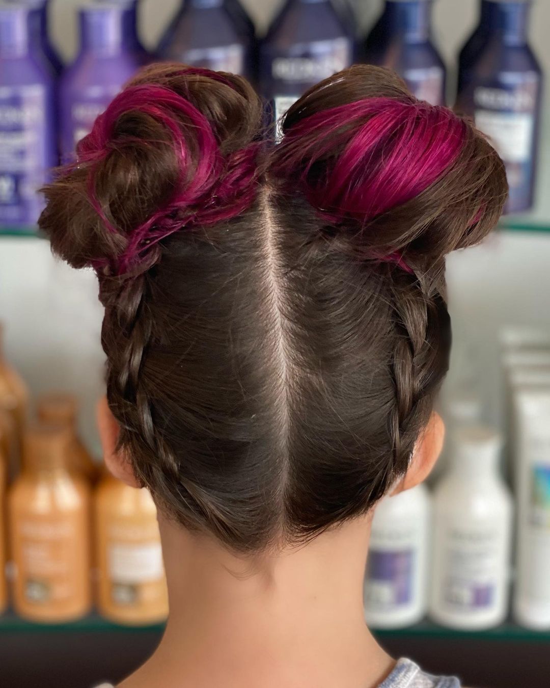 Dark Black Hair With Pink Highlights Space Buns