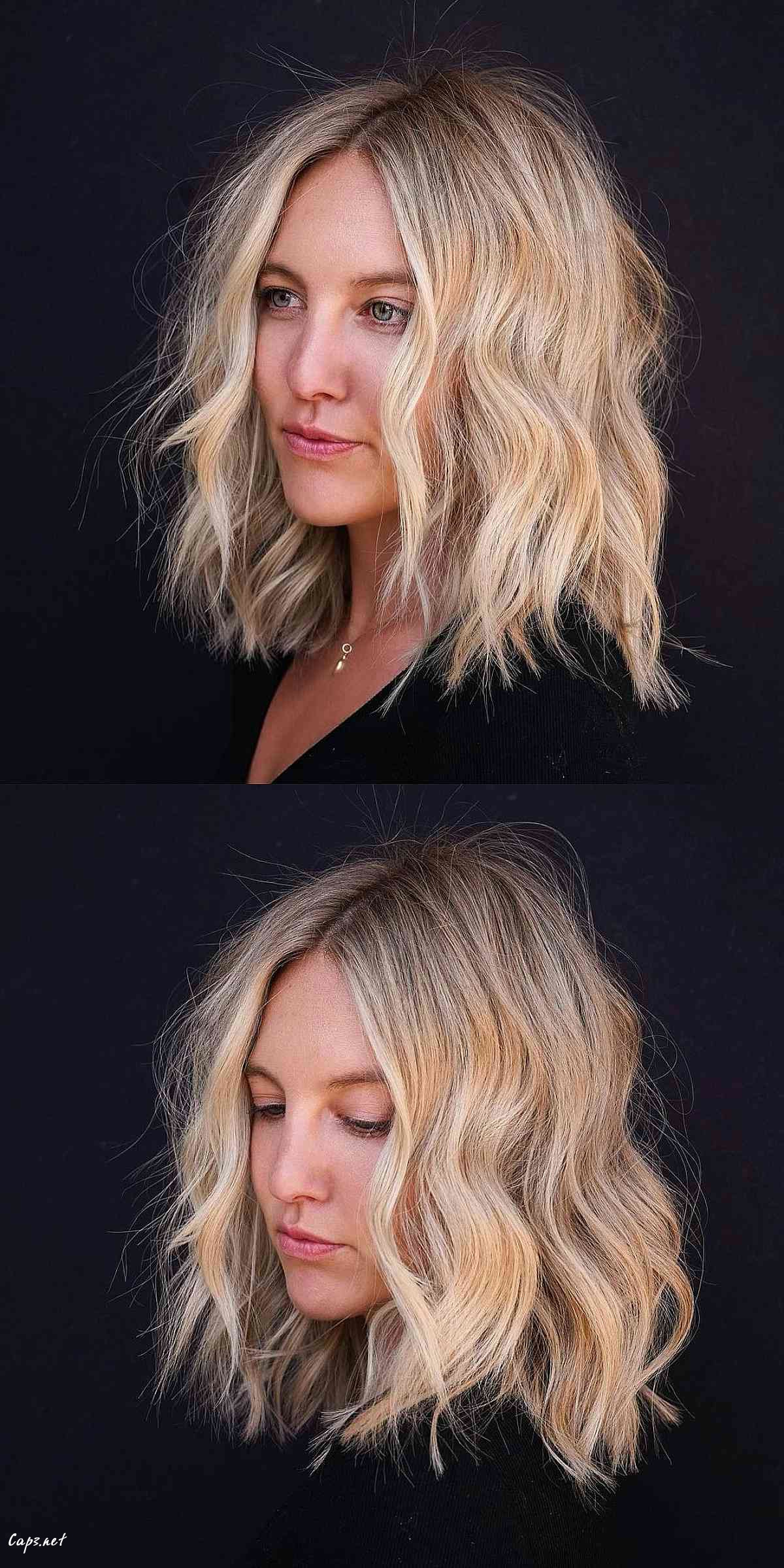 chic blonde lob with wavy hair