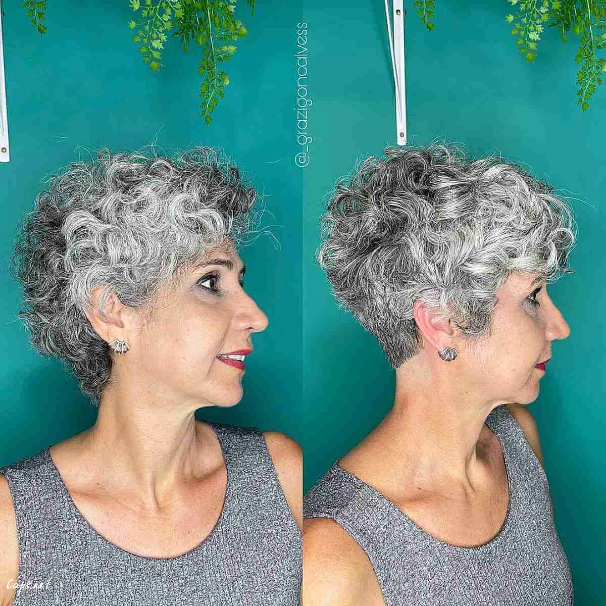 salt and pepper curly long pixie for 60 year olds