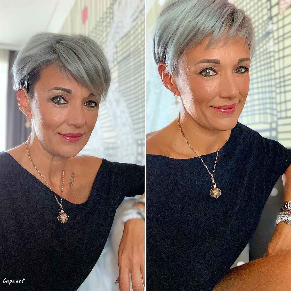 a sixty year old with a silver pixie with bangs