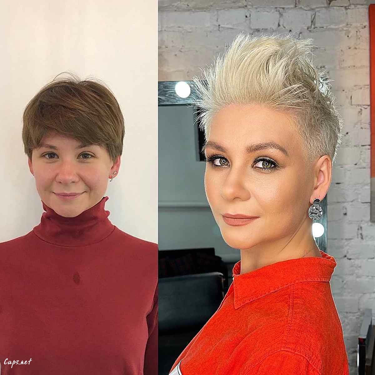 before and after of an androgynous pixie