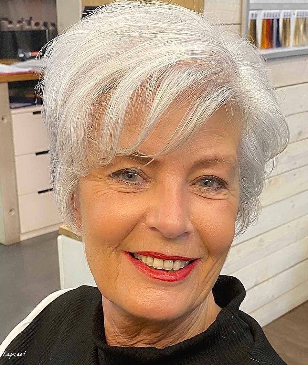 ear length crop with side bangs for 60 year old women