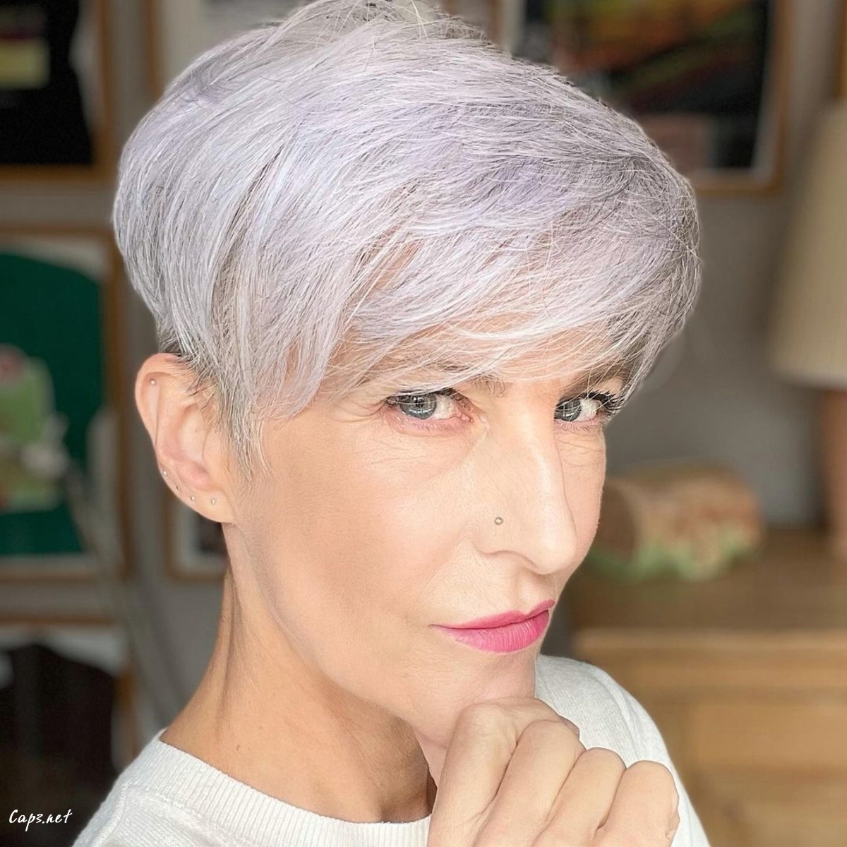 silver pixie with bangs for 50 plus women with fine hair
