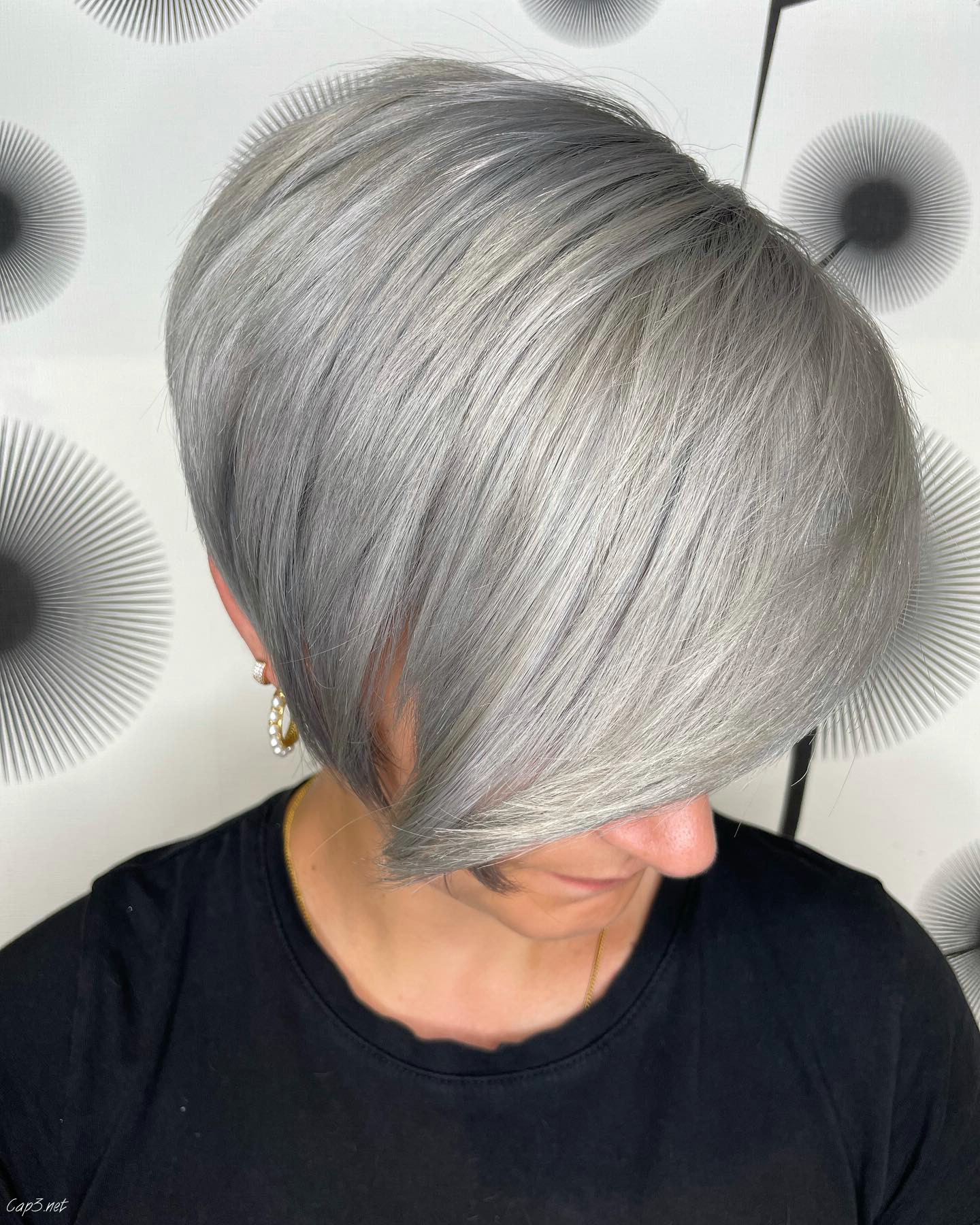 Long Silver Haircut With Bangs