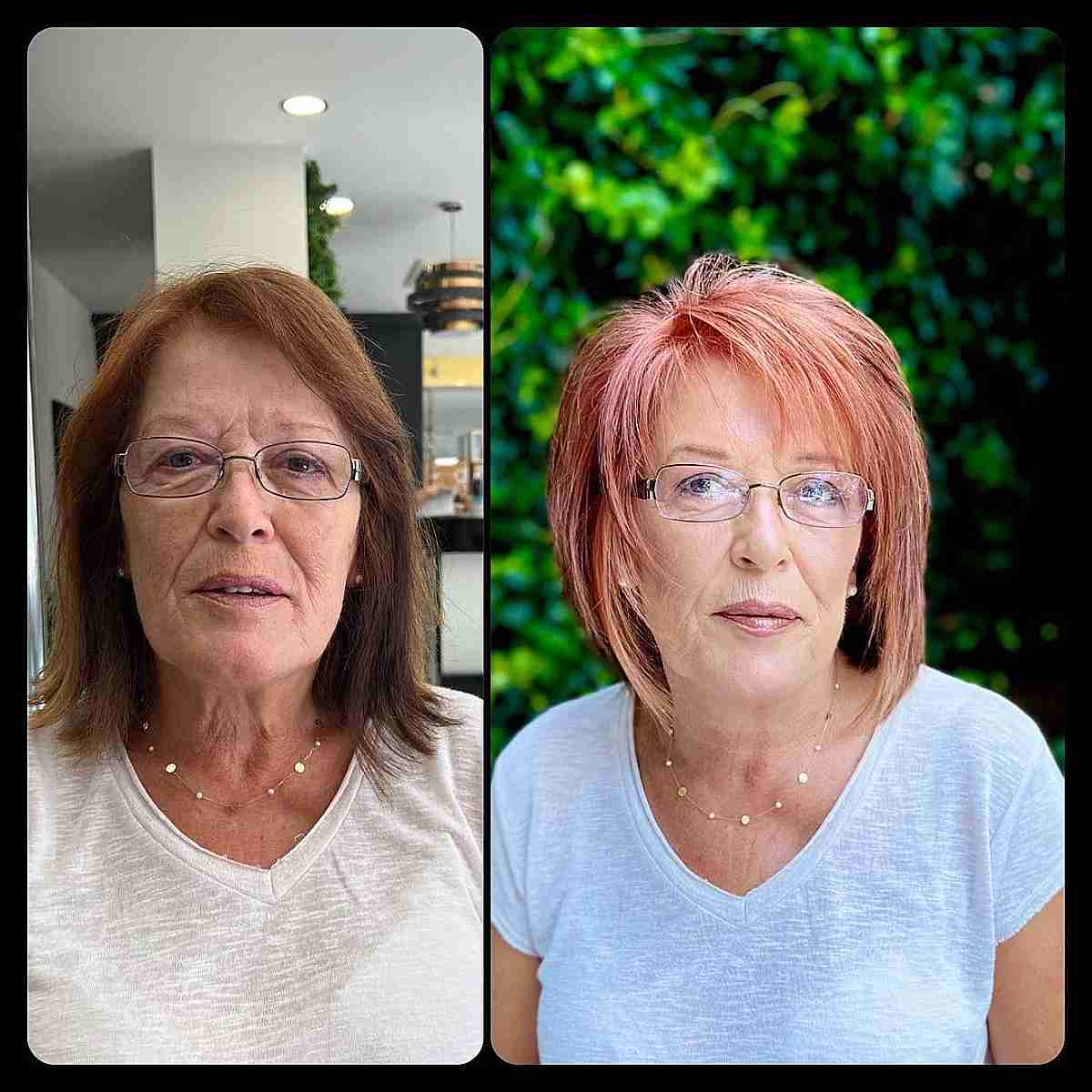 peachy pink face framing bob cut for 60 year olds with glasses