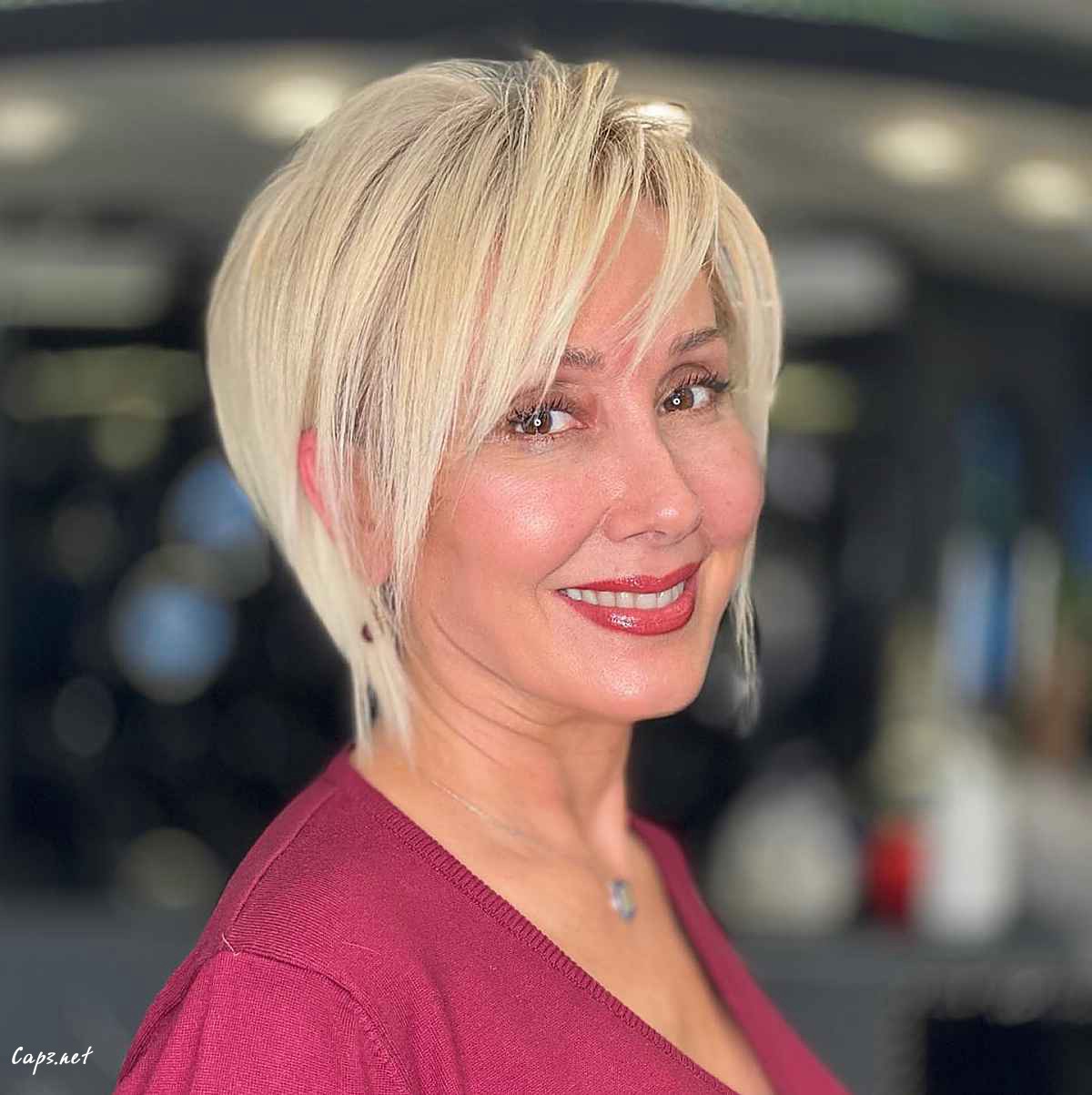 blonde long pixie with fringe for older ladies