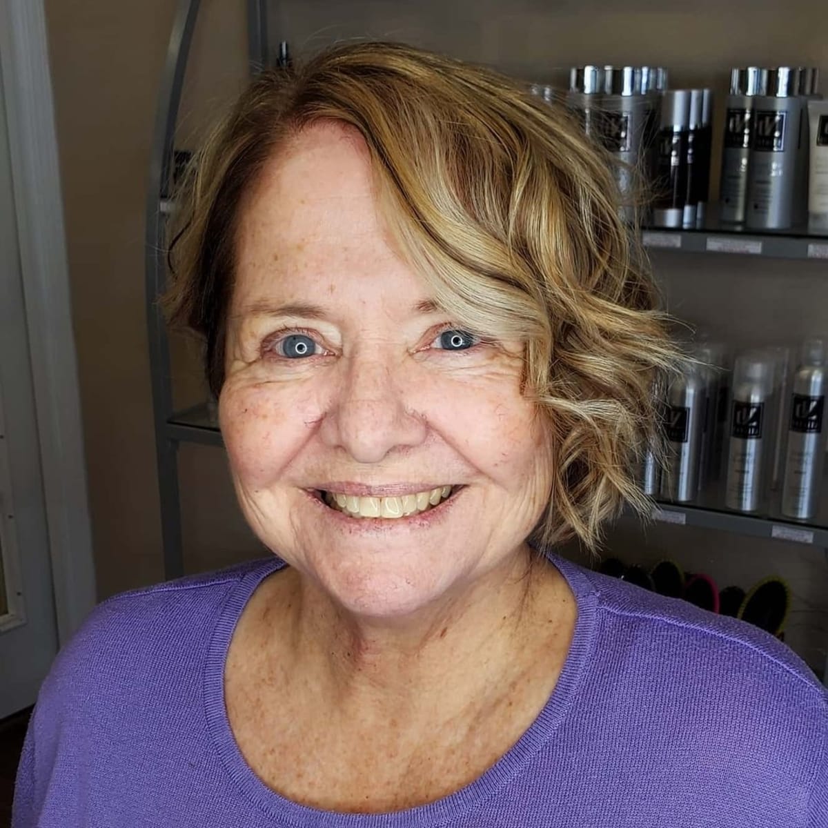chin length bob with beach waves for women past their 60s