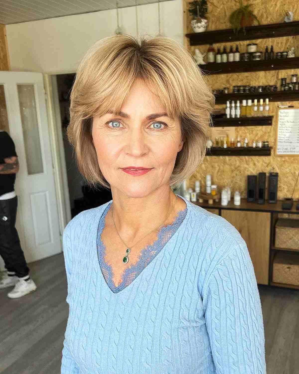 chin length round bob with a curtain fringe for 40 year olds