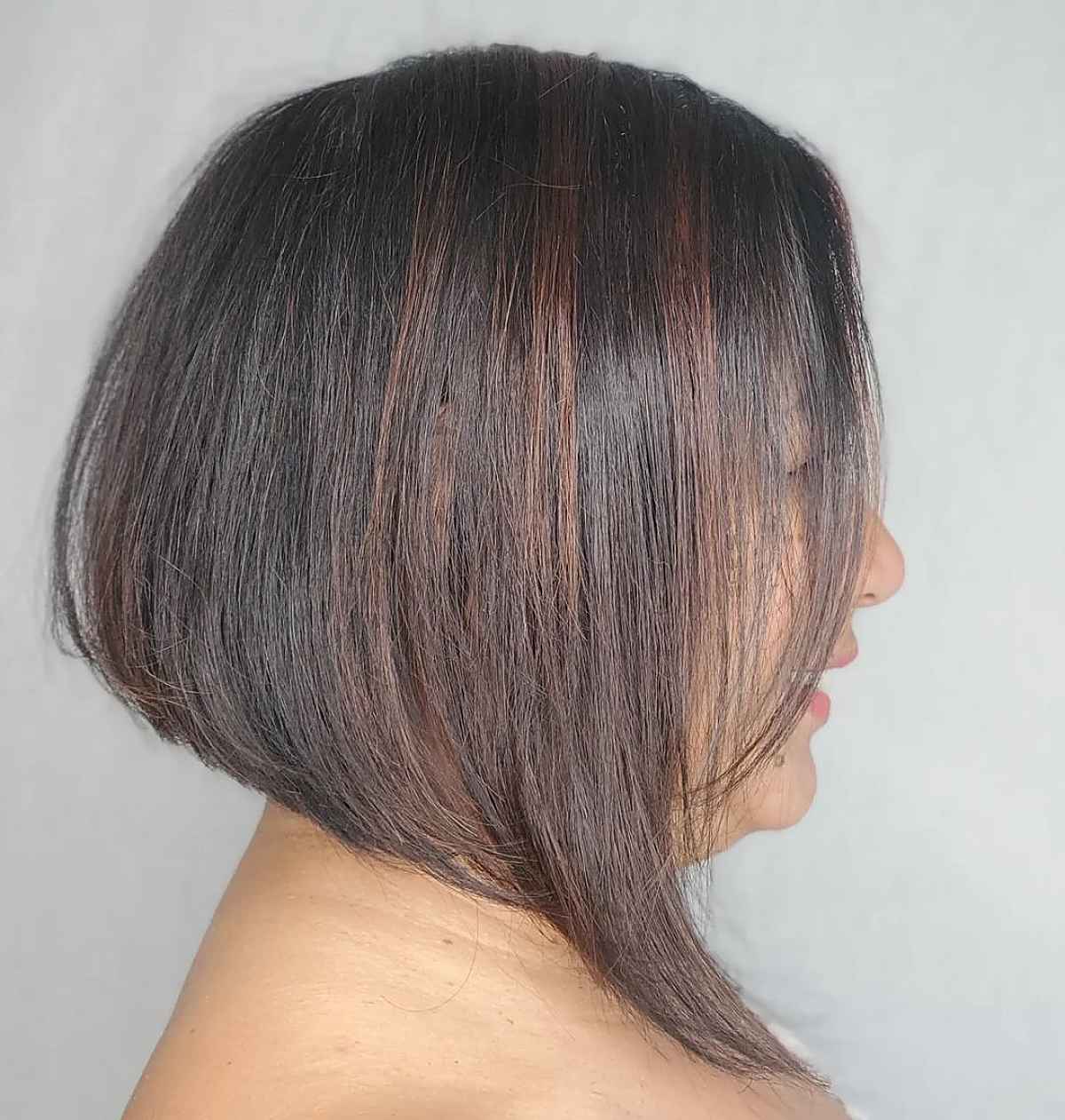 low maintenance long angled bob for a woman over 60