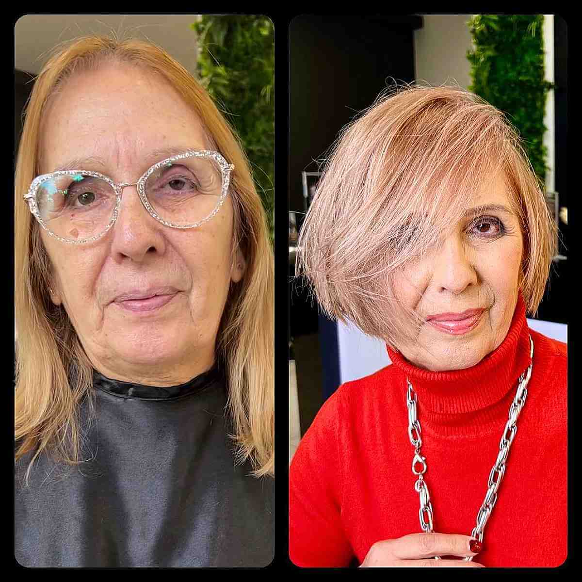 short tousled bob with long side bangs for 60 year old women