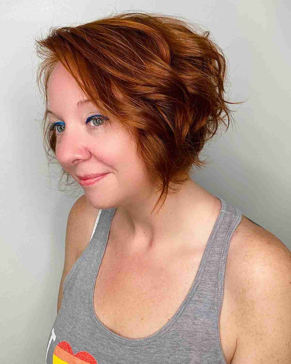 short wavy stacked bob on copper 40 year old hair
