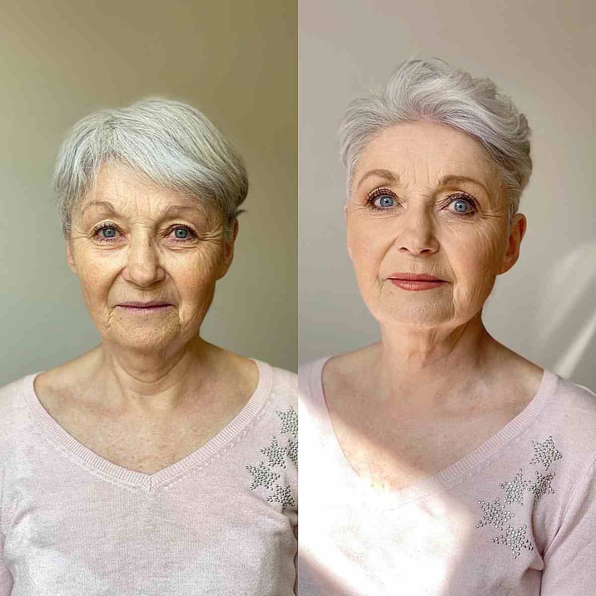 short wavy swept back style for women over sixty with grey hair