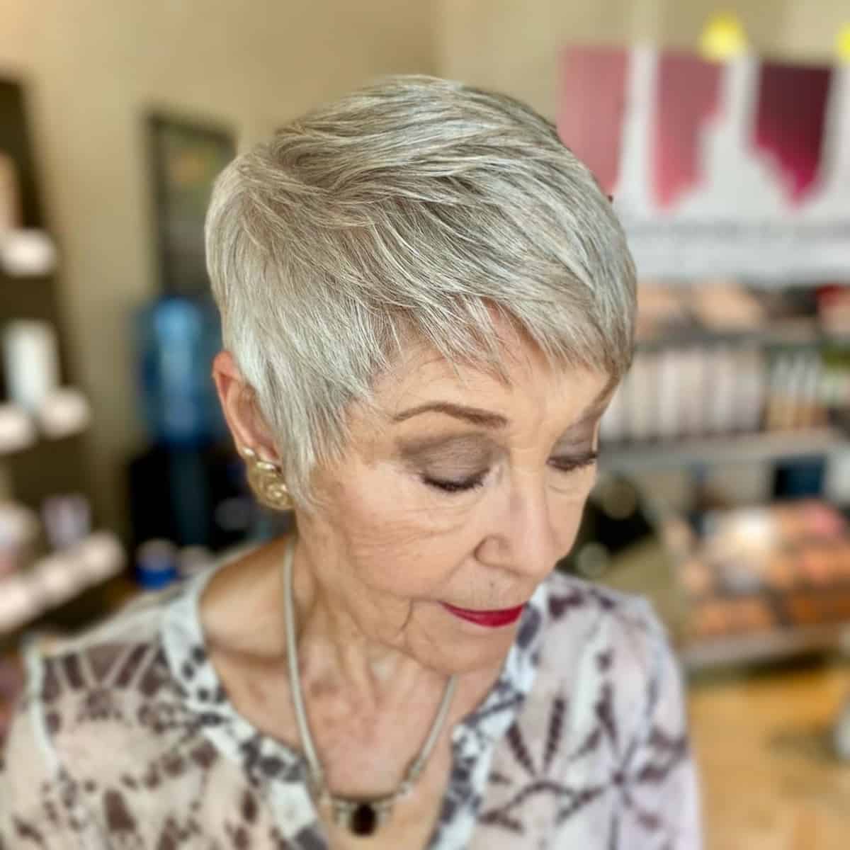 silver shaggy pixie with layers for older women